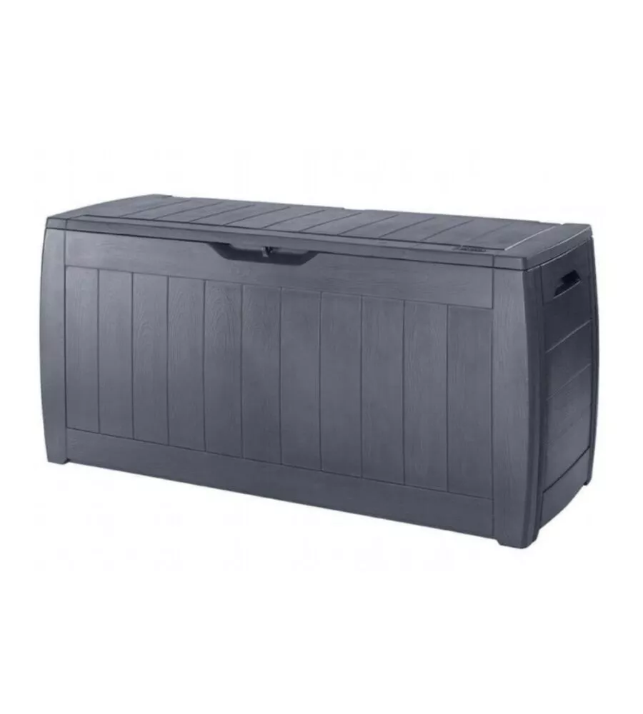 Baule da esterno keter "hollywood" in resina grafite effetto legno 270 lt 117,5x45x57,3 cm
