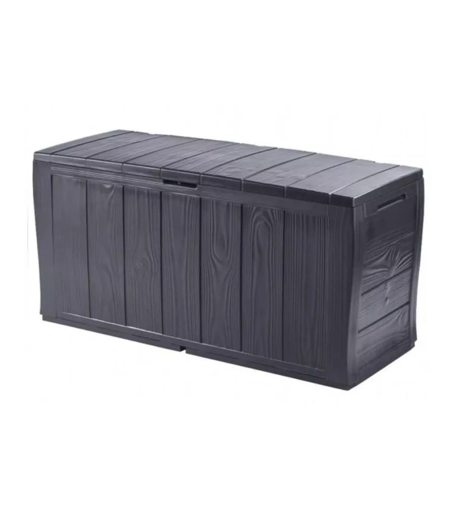 Baule da esterno keter "sherwood" in resina grafite effetto legno 270 lt 117x45x58 cm
