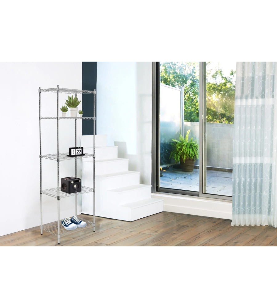 Scaffale ad incastro easy system in metallo cromato 5 ripiani, 59x34x174 cm