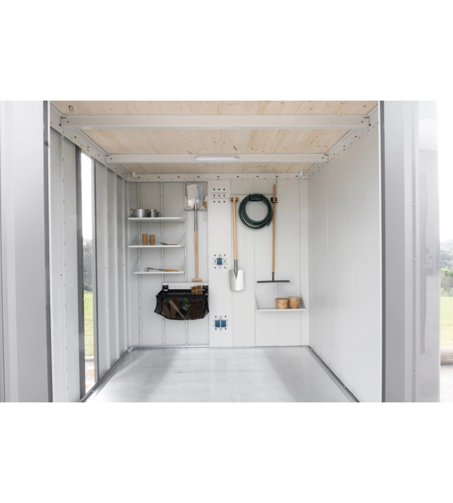 Casetta da giardino biohort "neo 1b" in acciaio zincato colore argento metallizzato con porta battente semplice 236x180x222 cm - cod. 81029