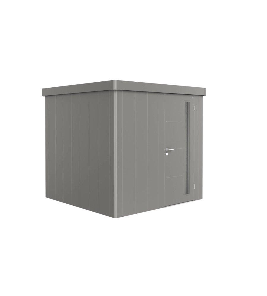 Casetta da giardino biohort "neo 2b" in acciaio zincato colore grigio quarzo metallizzato con porta battente semplice 236x236x222 cm - cod. 87034