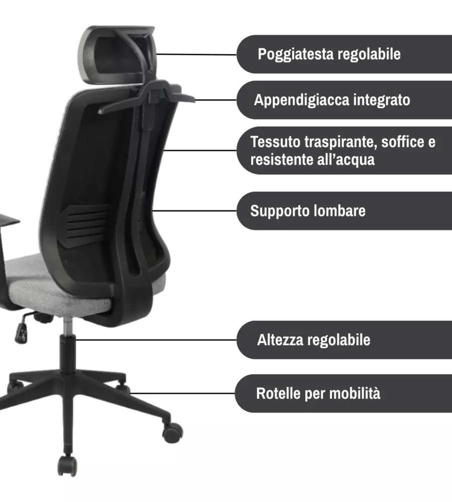 SEDIA DA UFFICIO TRASPIRANTE BELLAHOME "YALE" CON BRACCIOLI, POGGIATESTA REGOLABILE, APPENDIGIACCA IN TESSUTO GRIGIO 62X65X114-123 CM