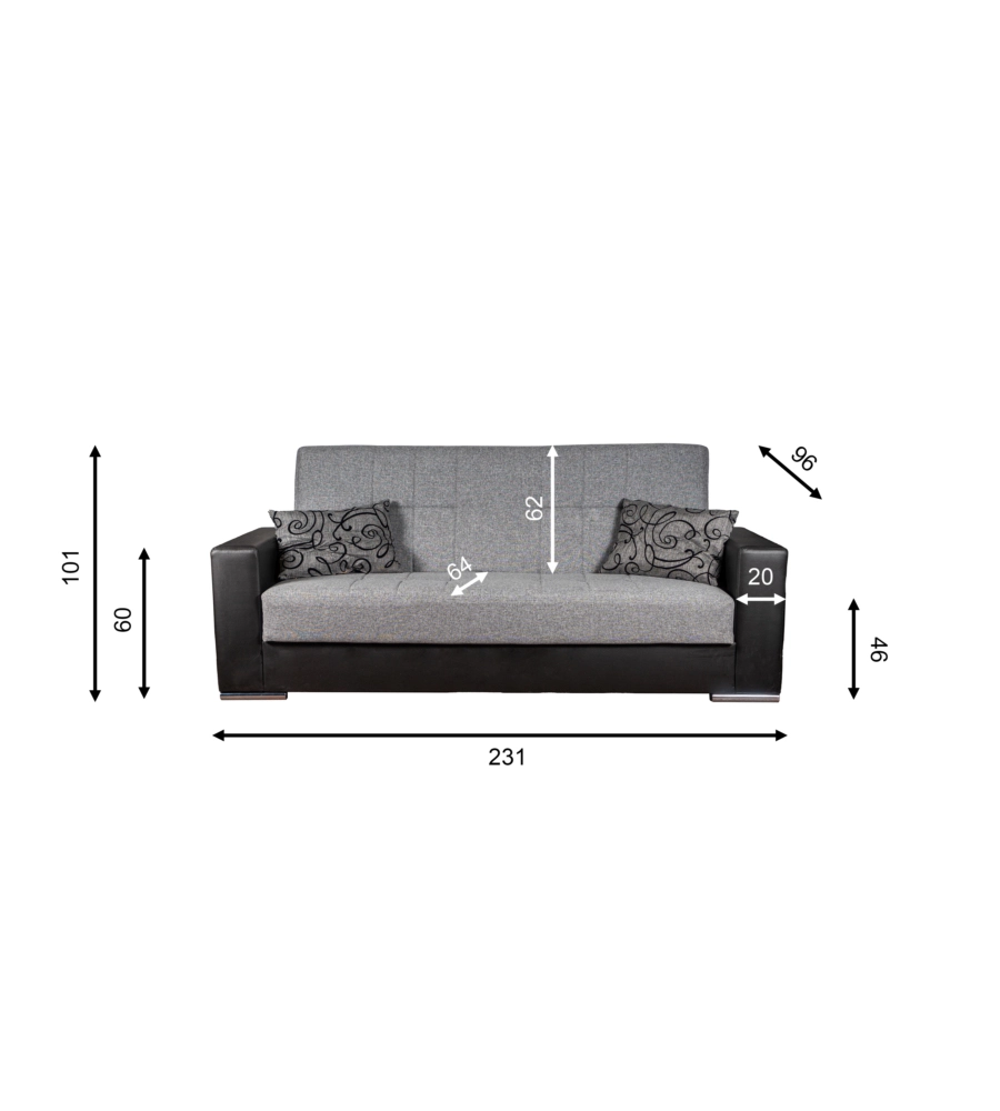 Divano letto "padova" 3 posti nero e grigio, 230x93x97 cm