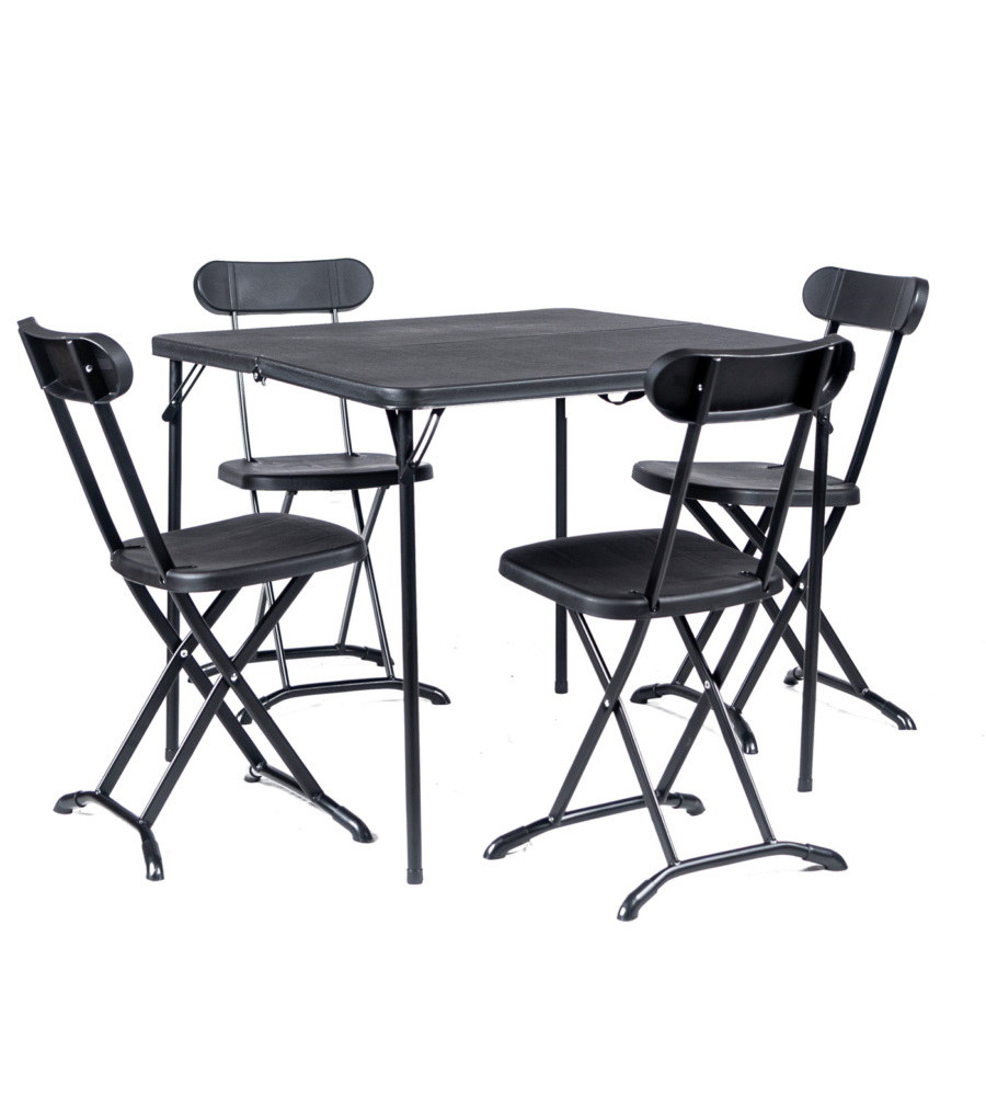 Set da campeggio pieghevole con tavolo e 4 sedie, color nero