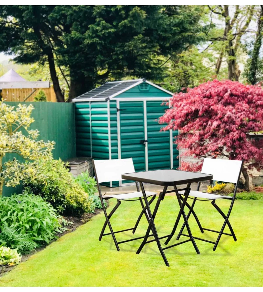 Set da giardino pieghevole eurogarden "bistro" in acciaio e textilene bianco 2 sedute e tavolino