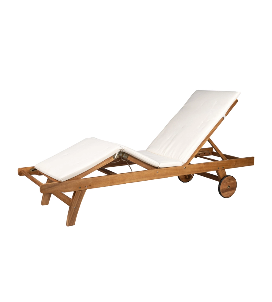 Sdraio reclinabile eurogarden "lysa" in legno con ruote e cuscino ecru 201x60x36 cm