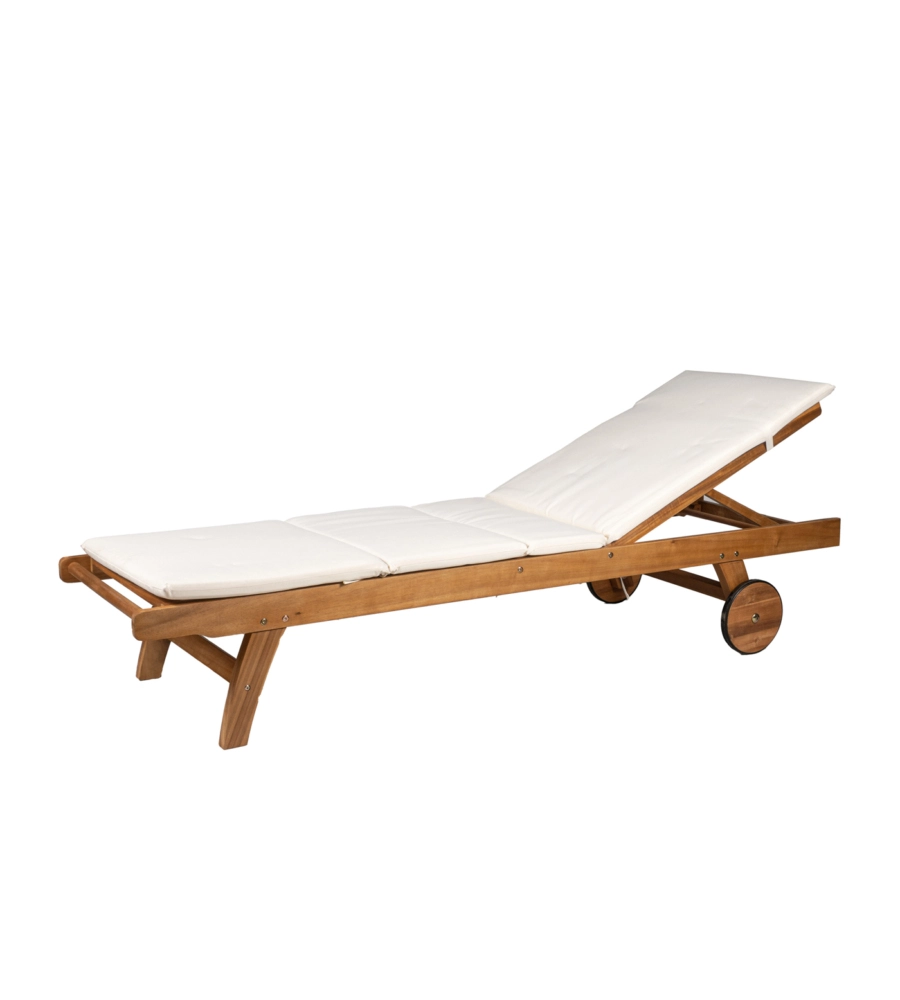 Sdraio reclinabile eurogarden "lysa" in legno con ruote e cuscino ecru 201x60x36 cm