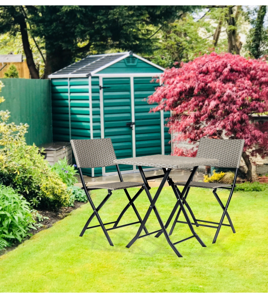 Set da esterno pieghevole eurogarden "chicago" in acciaio e pe rattan grigio 2 sedute e tavolino