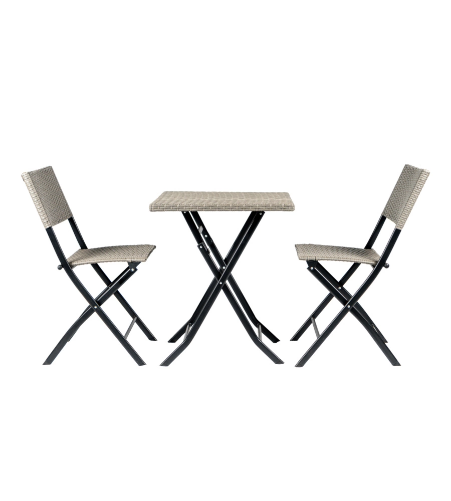 Set da esterno pieghevole eurogarden "chicago" in acciaio e pe rattan grigio 2 sedute e tavolino
