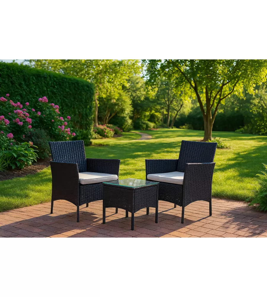 Set da esterno eurogarden "lipsia" in rattan con cuscini grigio 2 sedute e tavolino