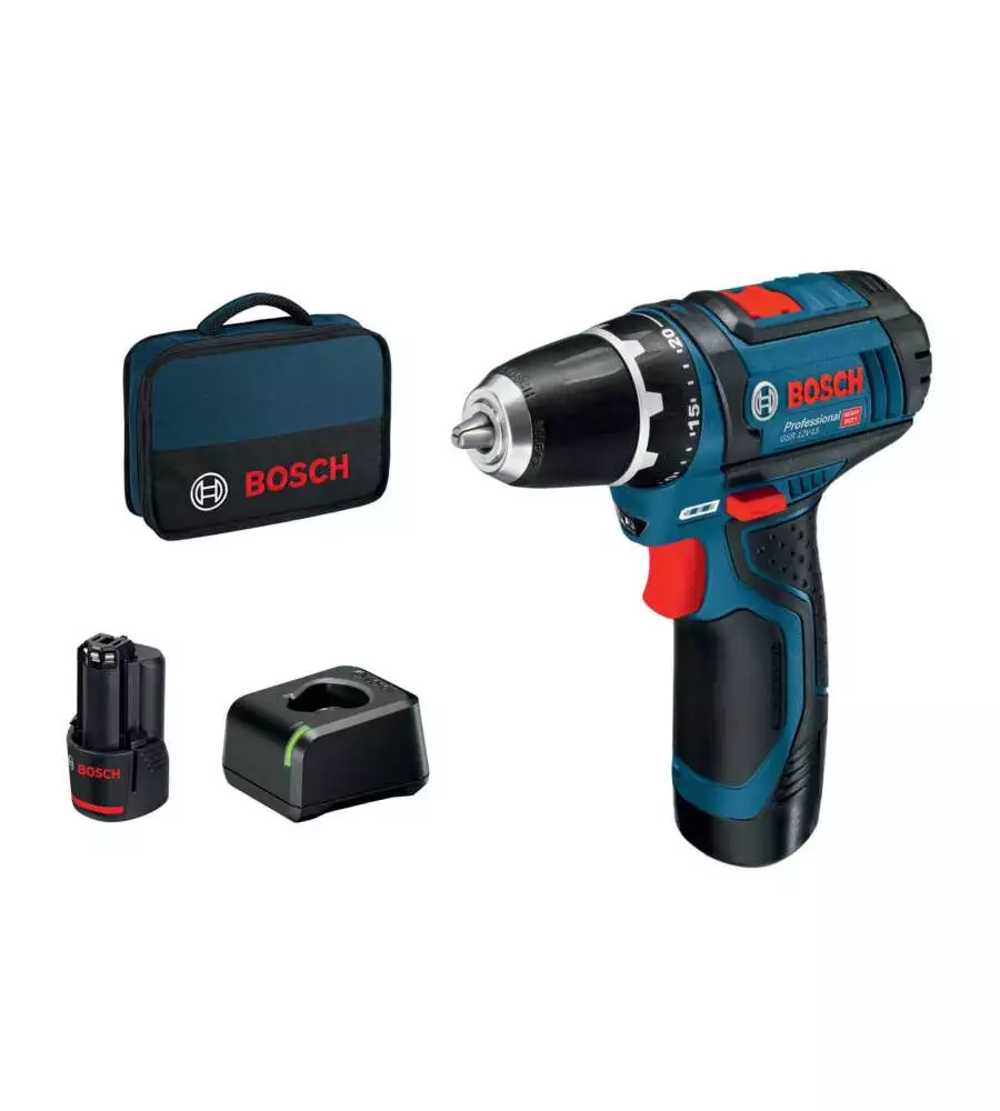 Kit valigetta trapano avvitatore a batteria bosch "gsr 12v-15" 30 nm 2 batterie 12v 2ah e caricabatterie