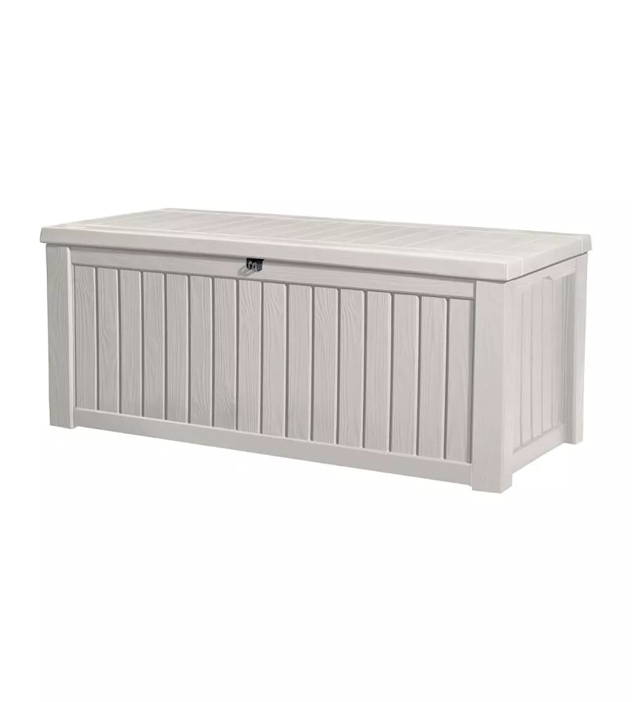 Baule da esterno keter "rockwood" in resina bianco effetto legno 570 lt 155x72,4x64,4 cm