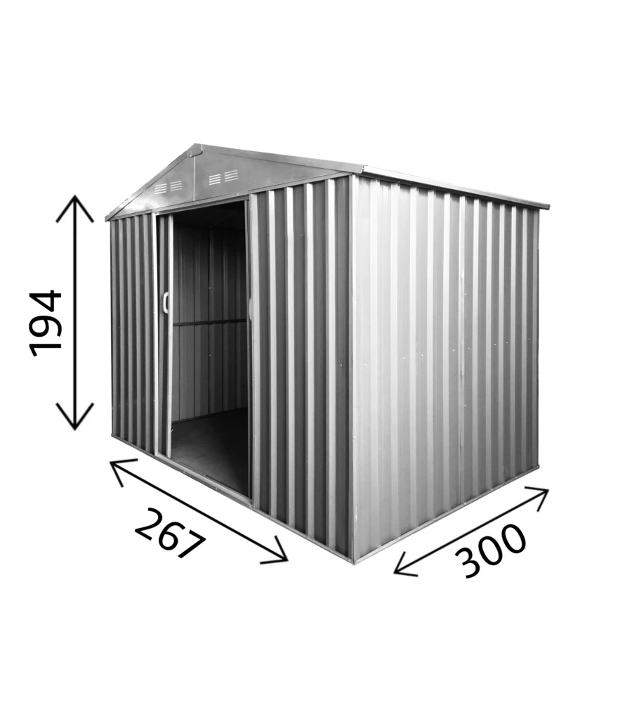 Casetta in lamiera zincata domus "xl" grigia con porte scorrevoli 268x300x194 cm