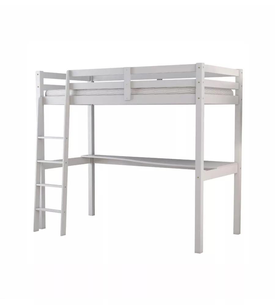 Letto a soppalco con scrivania "nizza" in pino massello bianco laccato 90x190x176 cm
