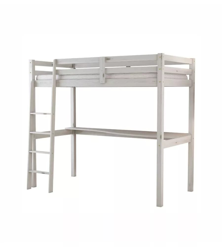 Letto a soppalco con scrivania "nizza" in pino massello bianco 90x190x176 cm