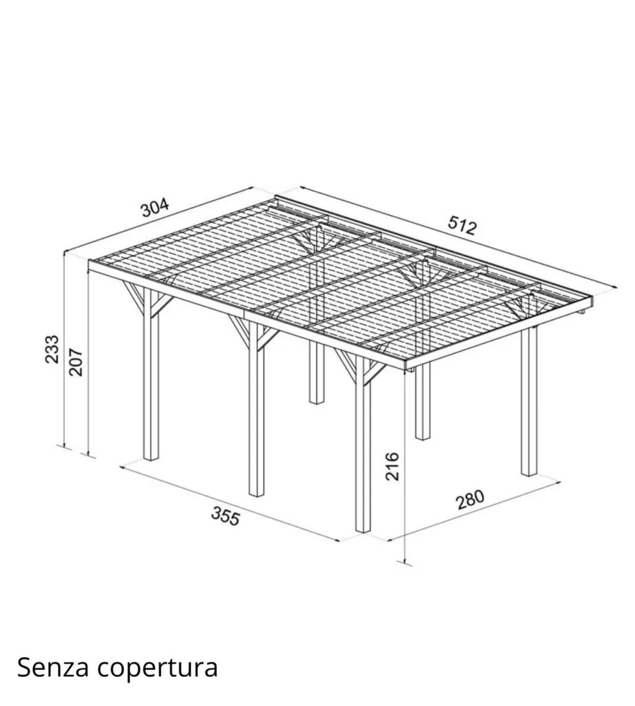 Carport auto in legno senza copertura 1 posto 3,04x5,12x2,33 mt