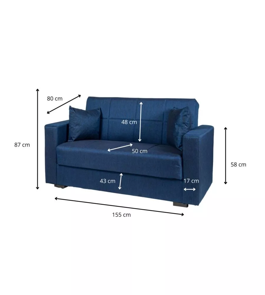 Divano letto 'nora' 2 posti in tessuto blu, 155x80x87 cm