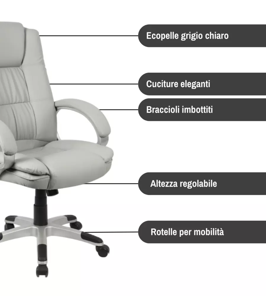 Sedia ufficio bellahome "columbia" con braccioli in ecopelle grigio 66,5x70x109-118 cm