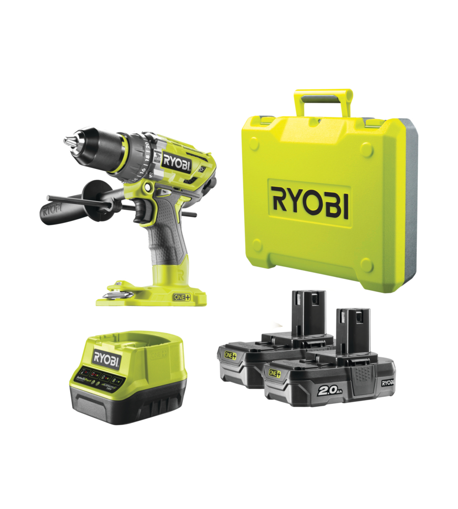 Kit valigetta trapano avvitatore a percussione a batteria ryobi "r18pd7-220b" 2 batterie 18v 2ah