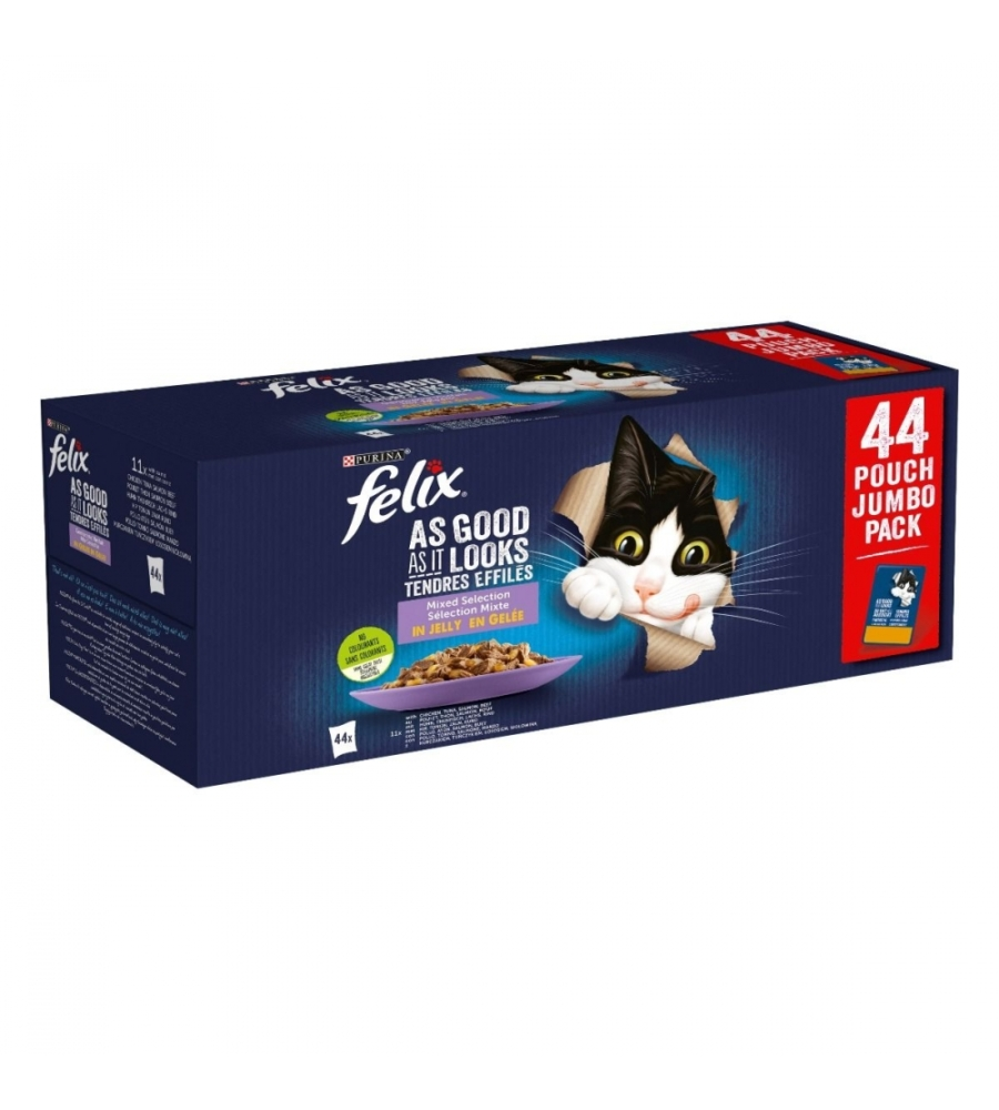 Confezione da 44 bustine monodose per gatto purina "felix le ghiottonerie", 44x85 gr