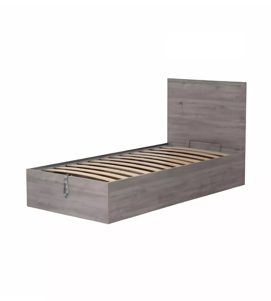 Letto 1 piazza e mezza "hi box" rovere grigio con rete e contenitore, 90x190 cm