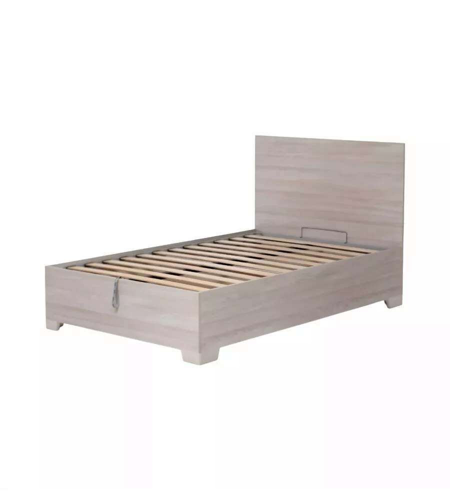 Letto 1 piazza e mezza "hi box" olmo naturale con rete, contenitore e piedini 120x190 cm