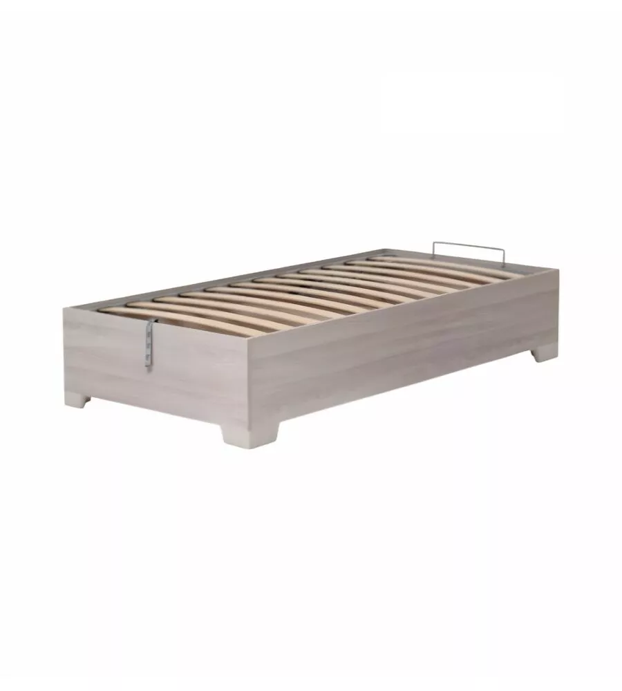 Letto singolo "bed box" olmo naturale con rete, contenitore e piedini 90x190 cm