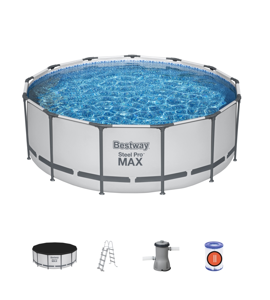 Piscina fuori terra con struttura rotonda bestway "pro max" con pompa, filtro, telo di copertura e scaletta grigio chiaro 396x122 cm - cod. 5618w