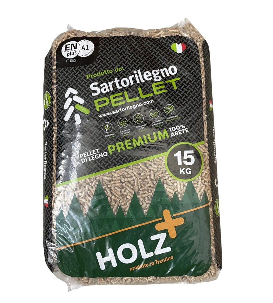 SACCO PELLET IN LEGNO DI ABETE 15 KG, CERTIFICATO EN PLUS A1.