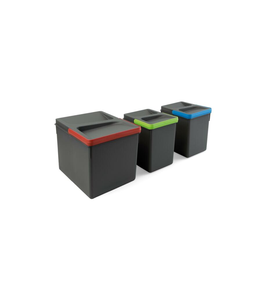 3 contenitori per la raccolta differenziata plastica grigia, 1x12 lt 2x6 lt
