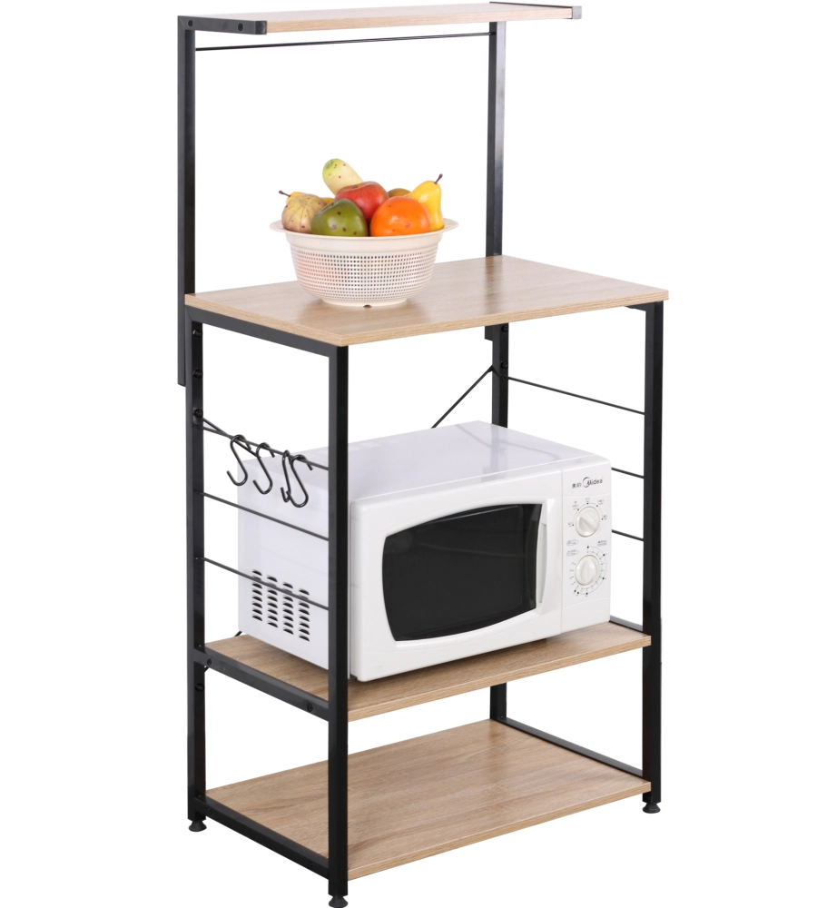 Carrello da cucina metallo nero con 3 ripiani quercia, 60x40x123 cm