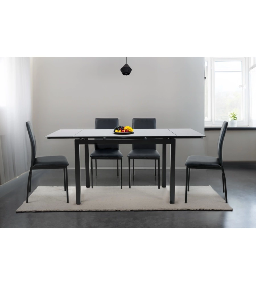 Set pranzo bellahome "minorca" nero con tavolo estensibile in vetro 4 sedute