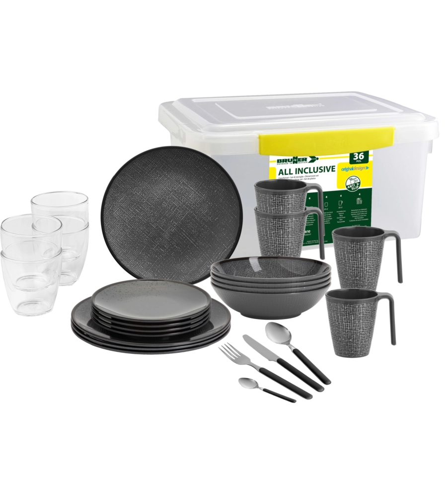 Set 36 stoviglie da campeggio brunner "cottery" in melamina antiscivolo