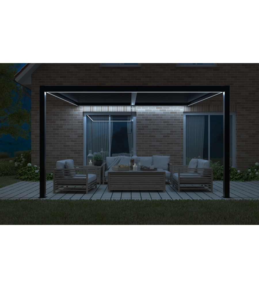 Pergola bioclimatica addossata riviera "calicantus wall" in alluminio antracite con led 400x300x230/245 cm