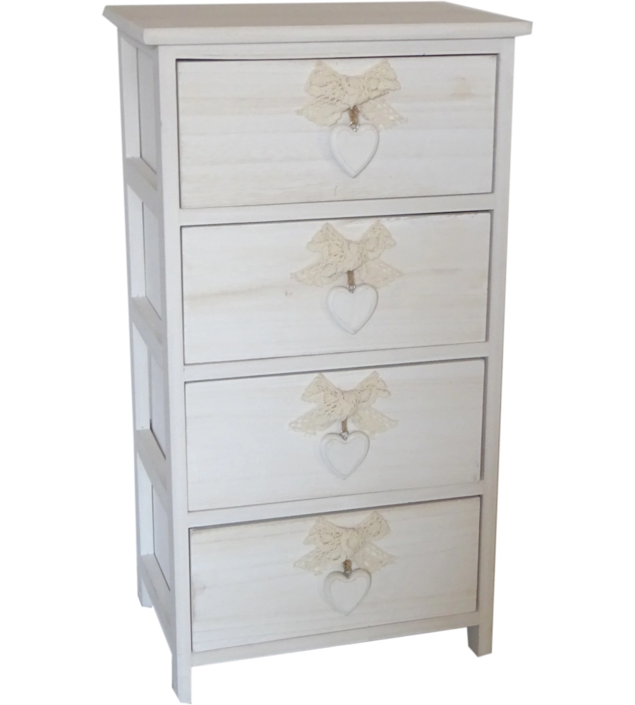 Cassettiera armonia "white washed" 4 cassetti cuore e fiocchi in legno di paulownia 40x29x73 cm