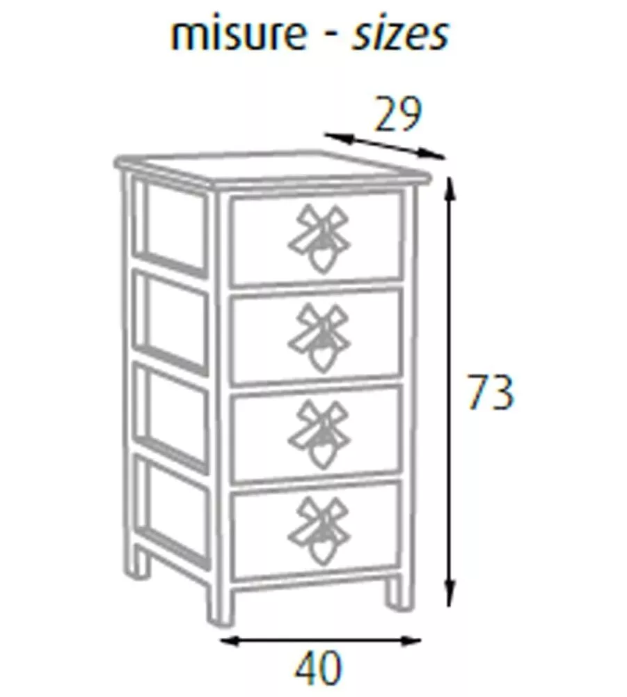 Cassettiera armonia 'white washed' 4 cassetti cuore e fiocchi in legno di paulownia 40x29x73 cm