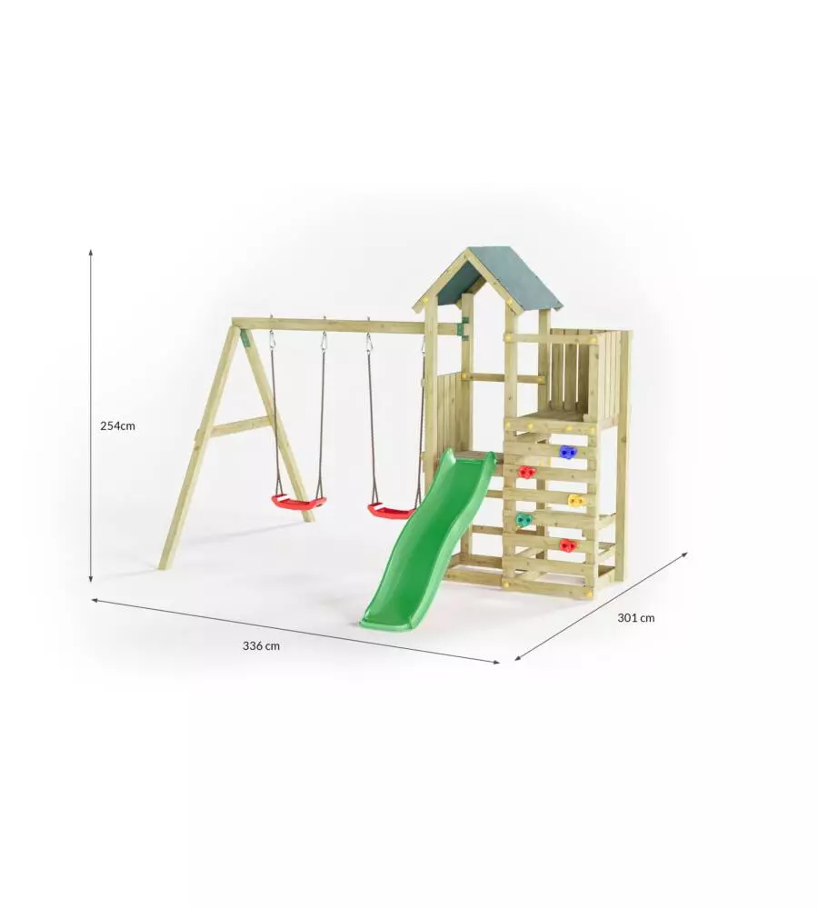 Gioco per bambini da esterno in legno fungoo "chester" con torretta, scivolo e altalena doppia, 310x336x245 cm