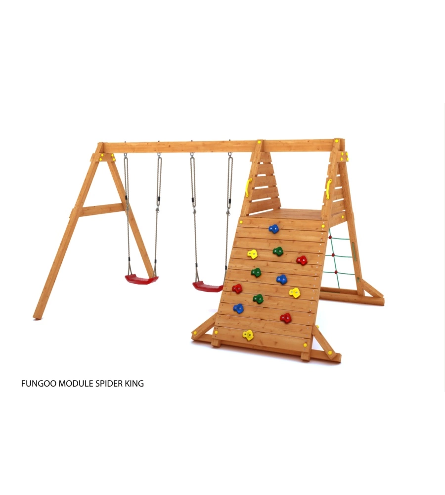 Gioco da esterno per bambini in legno fungoo "gaia" con torretta scoperta, scivolo e altalena doppia, 364x252x210 cm