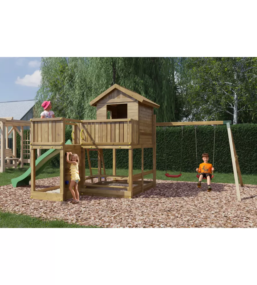 Gioco per bambini da esterno fungoo "pluto" con casetta con finestra, altalena doppia e scivolo, 558x301x280 cm