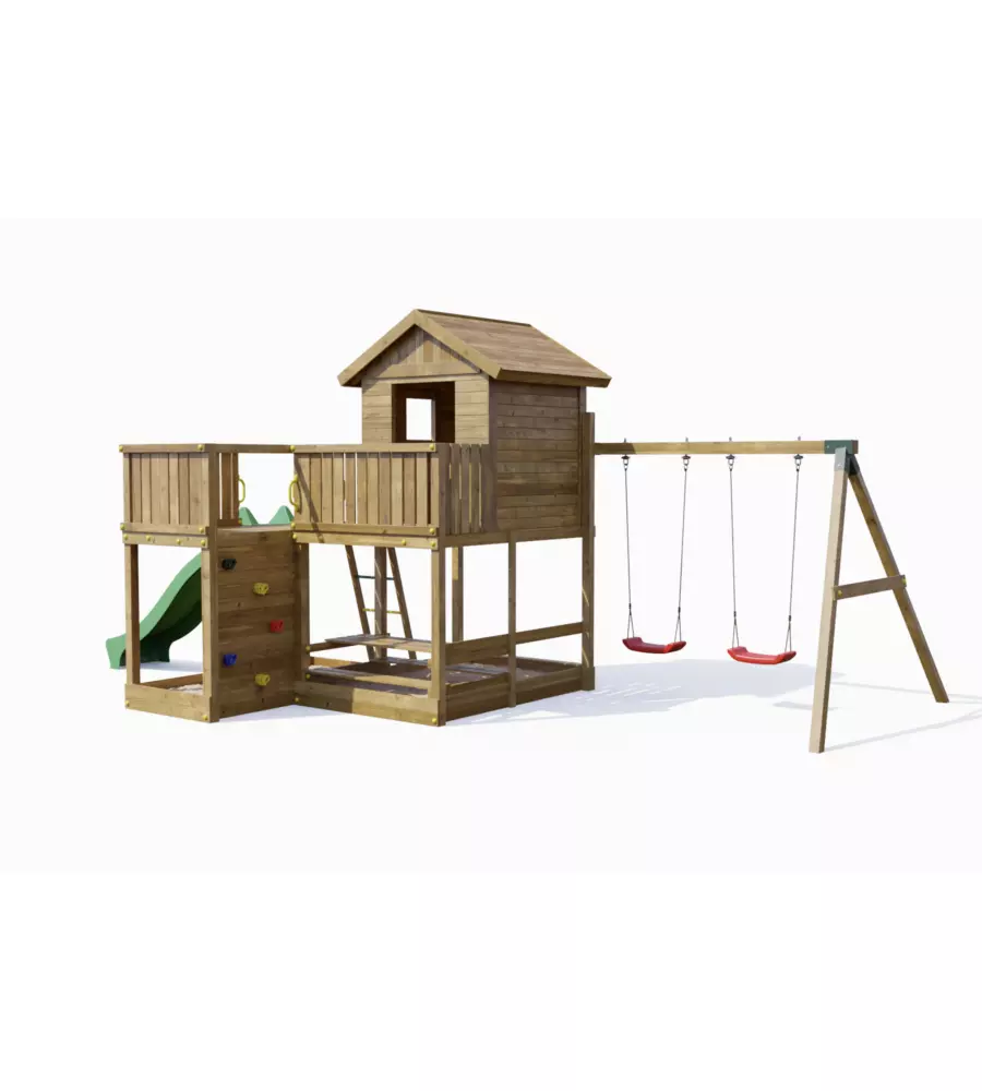 Gioco per bambini da esterno fungoo "pluto" con casetta con finestra, altalena doppia e scivolo, 558x301x280 cm