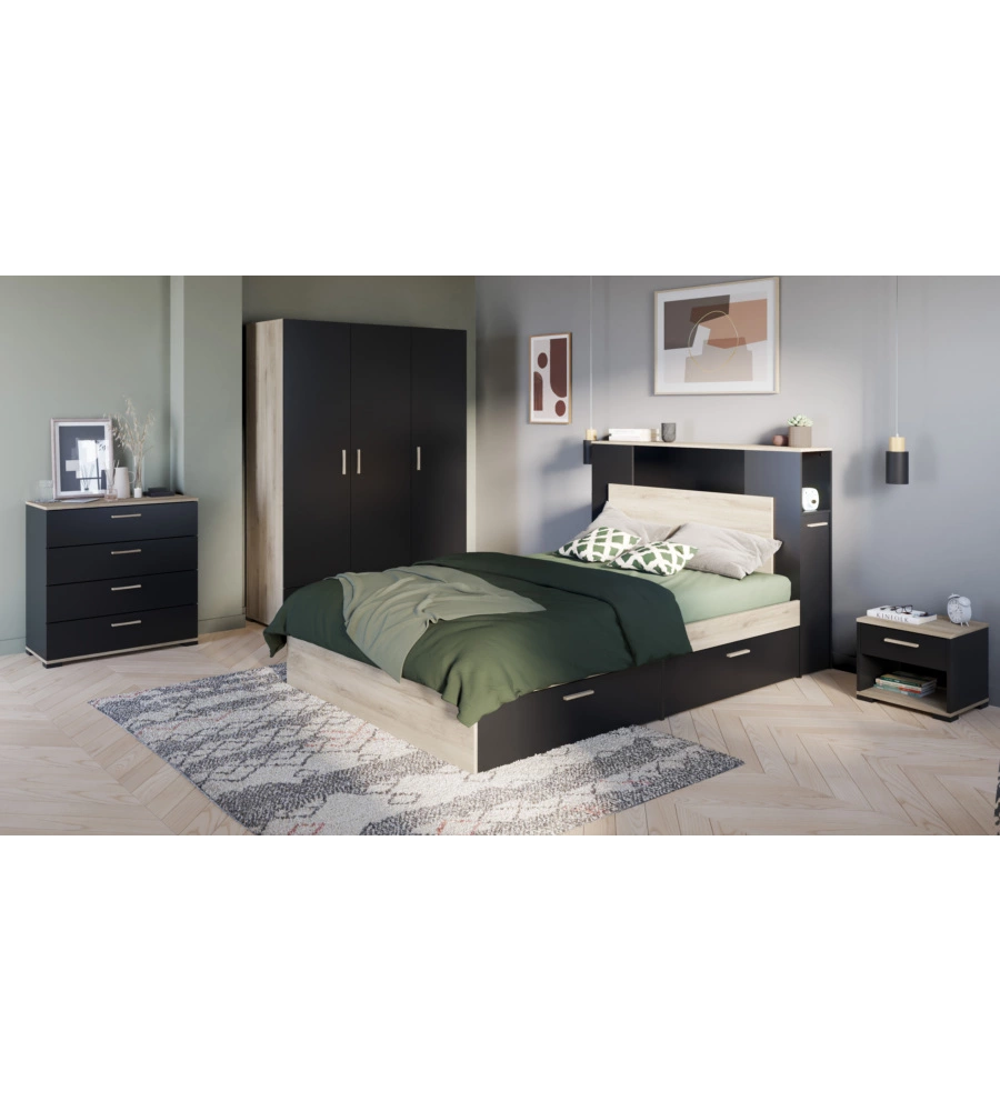 Armadio 3 ante e 1 cassetto "izzy" colore nero opaco e quercia, 134,6x51,7x185,7 cm