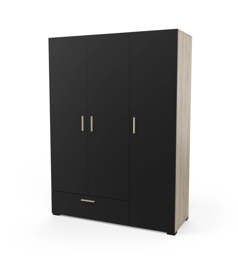 Armadio 3 ante e 1 cassetto "izzy" colore nero opaco e quercia, 134,6x51,7x185,7 cm