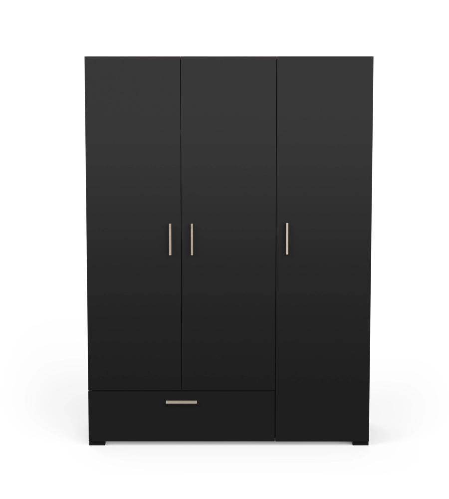 Armadio 3 ante e 1 cassetto "izzy" colore nero opaco e quercia, 134,6x51,7x185,7 cm