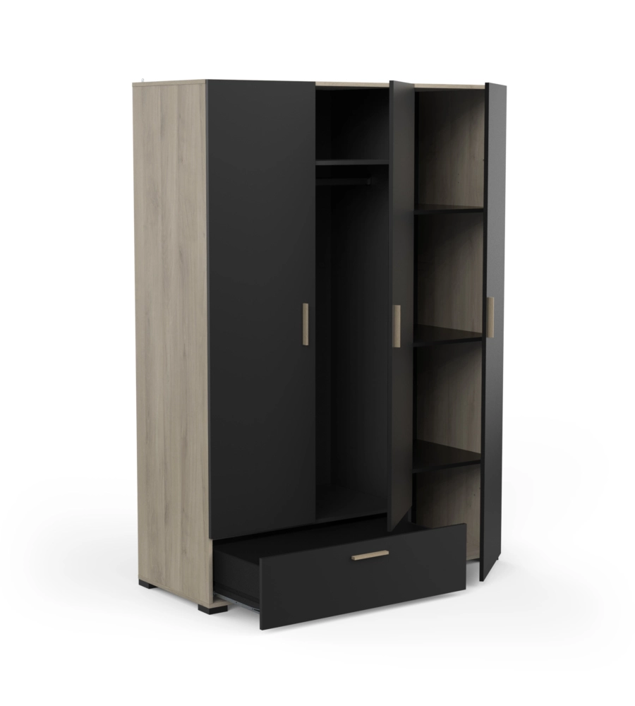 Armadio 3 ante e 1 cassetto "izzy" colore nero opaco e quercia, 134,6x51,7x185,7 cm