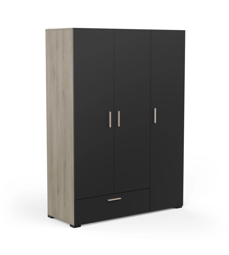 Armadio 3 ante e 1 cassetto "izzy" colore nero opaco e quercia, 134,6x51,7x185,7 cm
