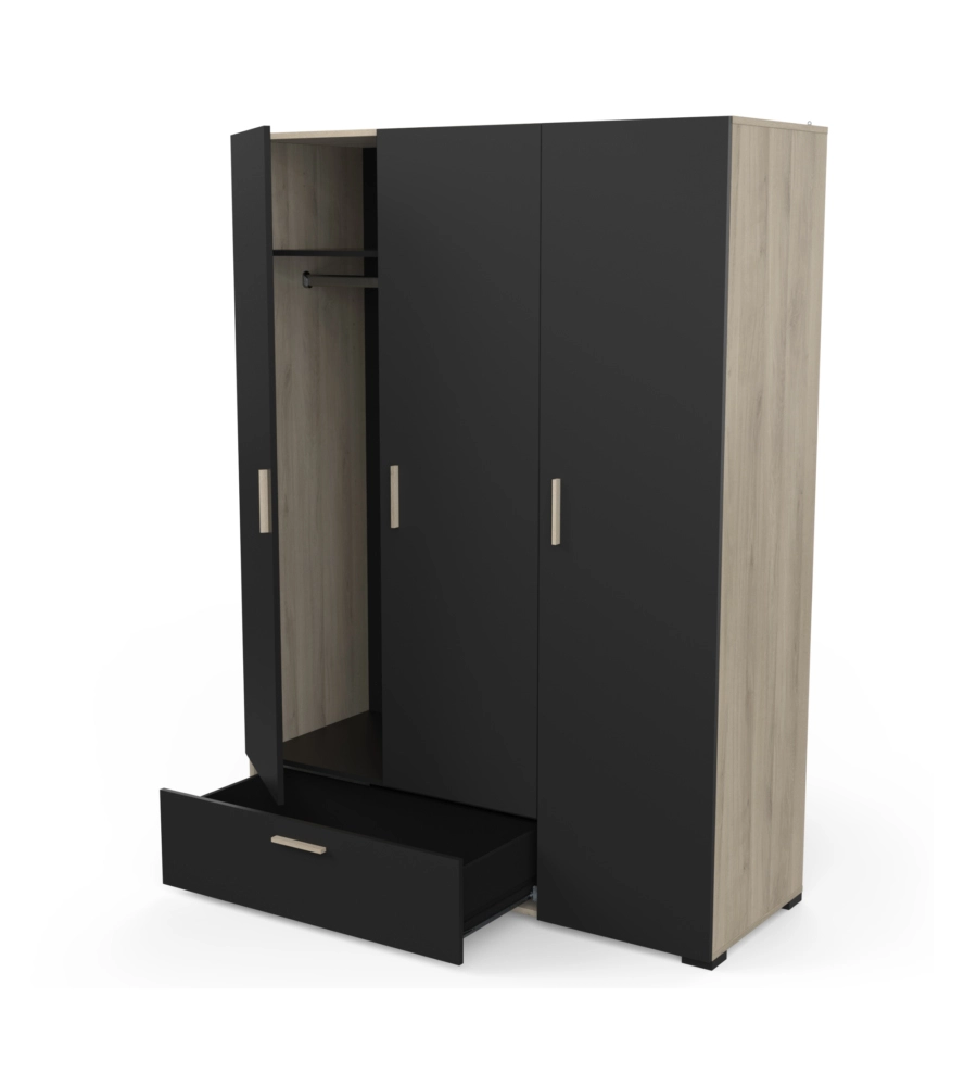 Armadio 3 ante e 1 cassetto "izzy" colore nero opaco e quercia, 134,6x51,7x185,7 cm
