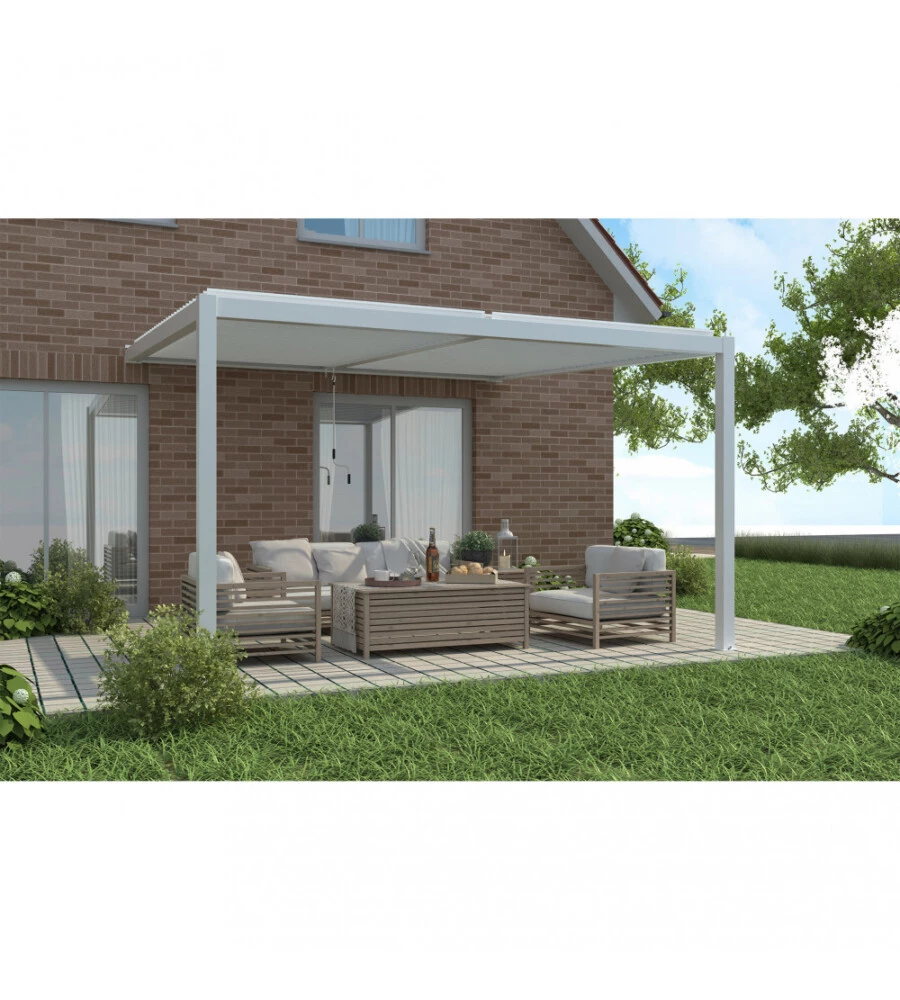 Gazebo pergola bioclimatica da esterno addossata elica garden bianco in alluminio - 4x4 m