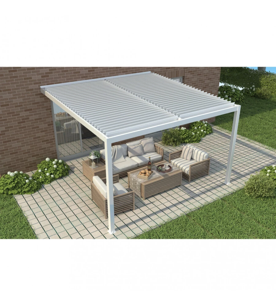 Gazebo pergola bioclimatica da esterno addossata elica garden bianco in alluminio - 4x4 m