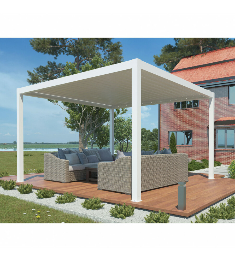 Gazebo pergola bioclimatica da esterno bianca in alluminio, con led e  copertura motorizzata - 3x4x2,5 m