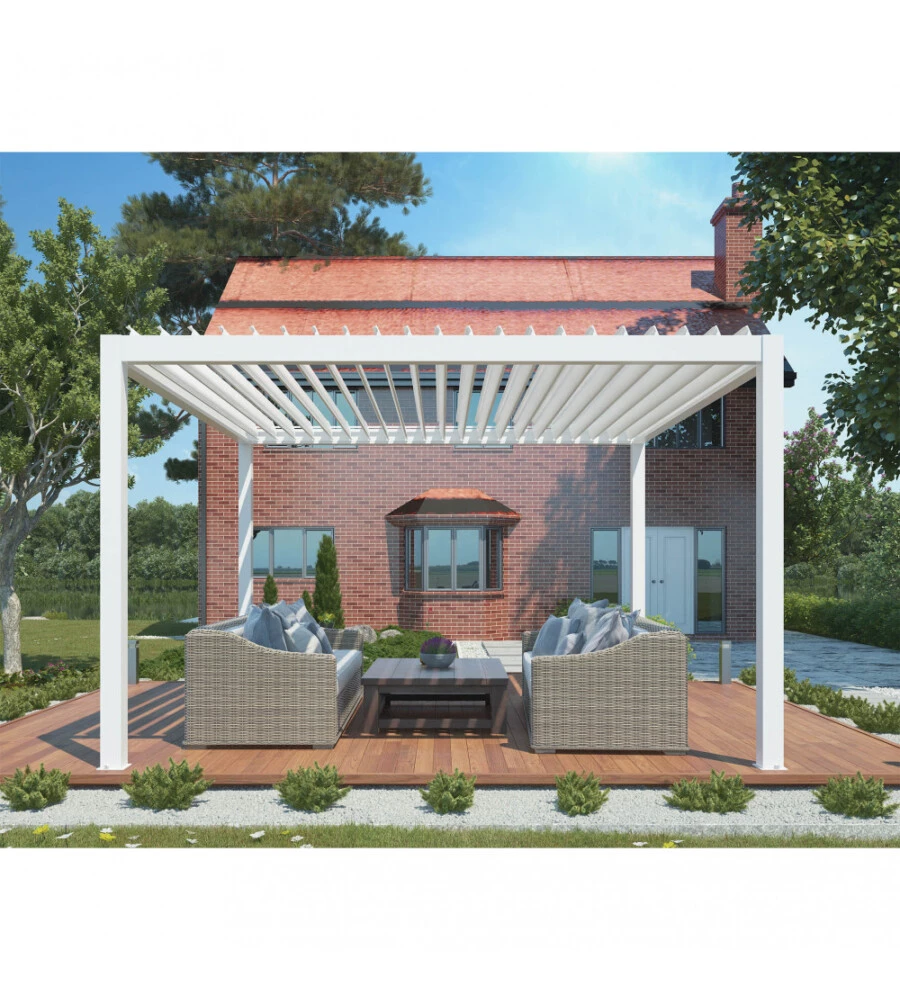 Gazebo pergola bioclimatica da esterno elica garden bianca in alluminio, con led e copertura motorizzata - 4x4x2,5 m